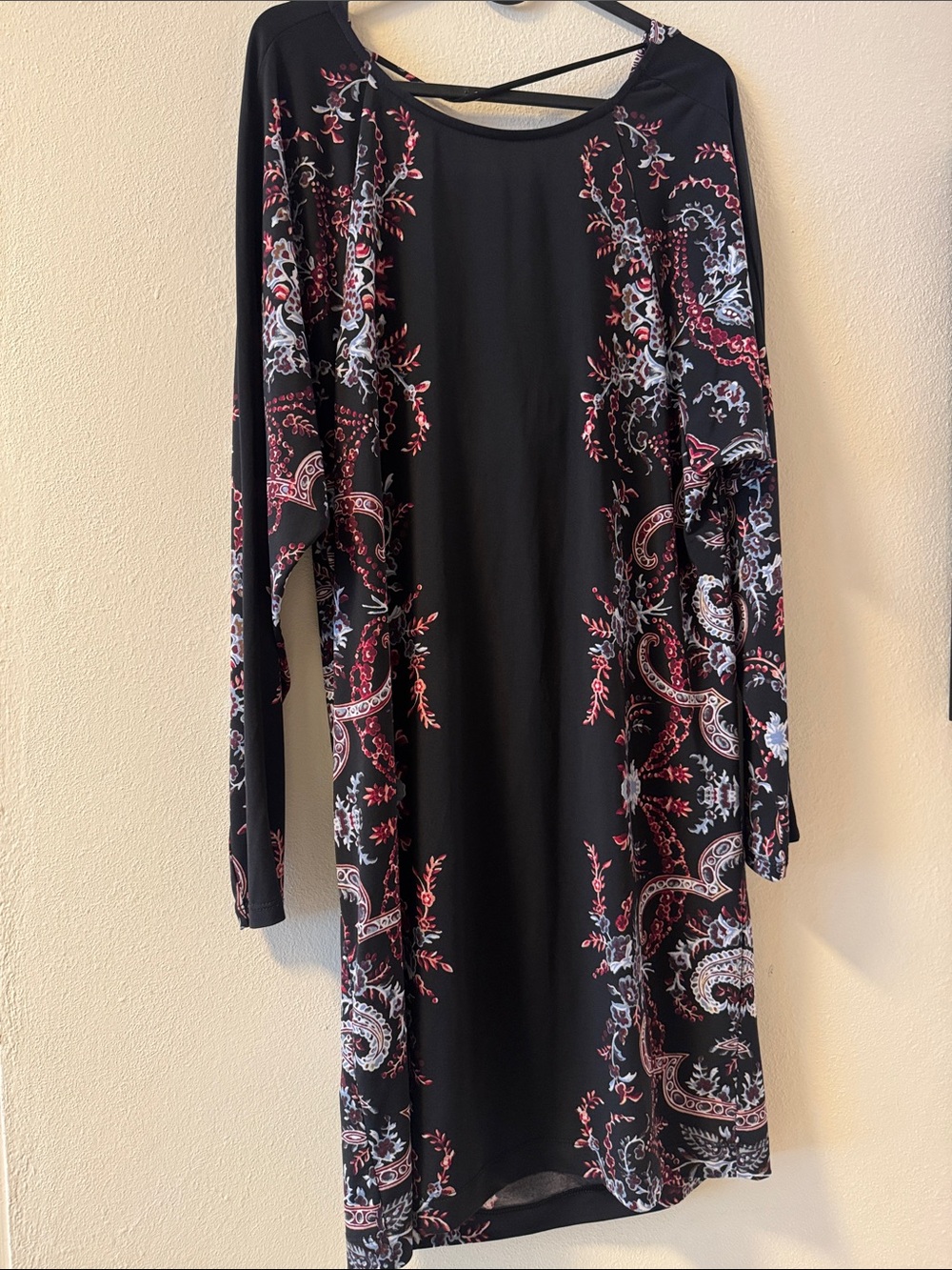 BCBGMaxAzria Black Long-Sleeve Dress with Red and White Paisley Floral Print